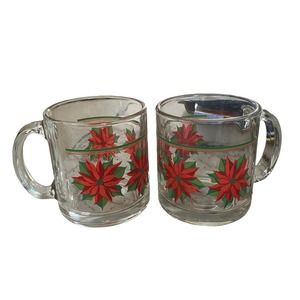 Vintage Libbey USA ~ Christmas Poinsettia ~ Glass Cup Coffee Mugs set of 2